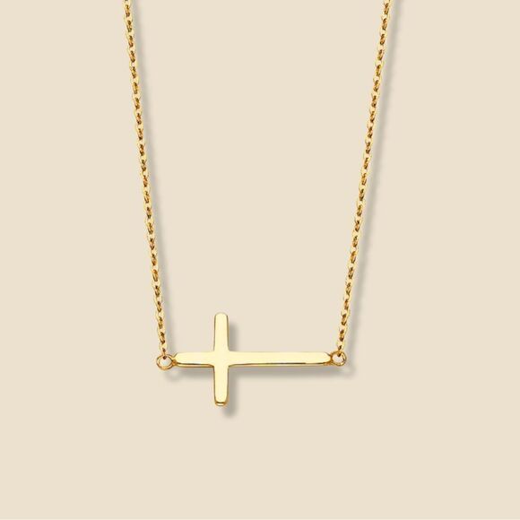 14K Solid Gold Sideways Cross Necklace | A Gift of Devotion and Style | - Picture 1 of 4
